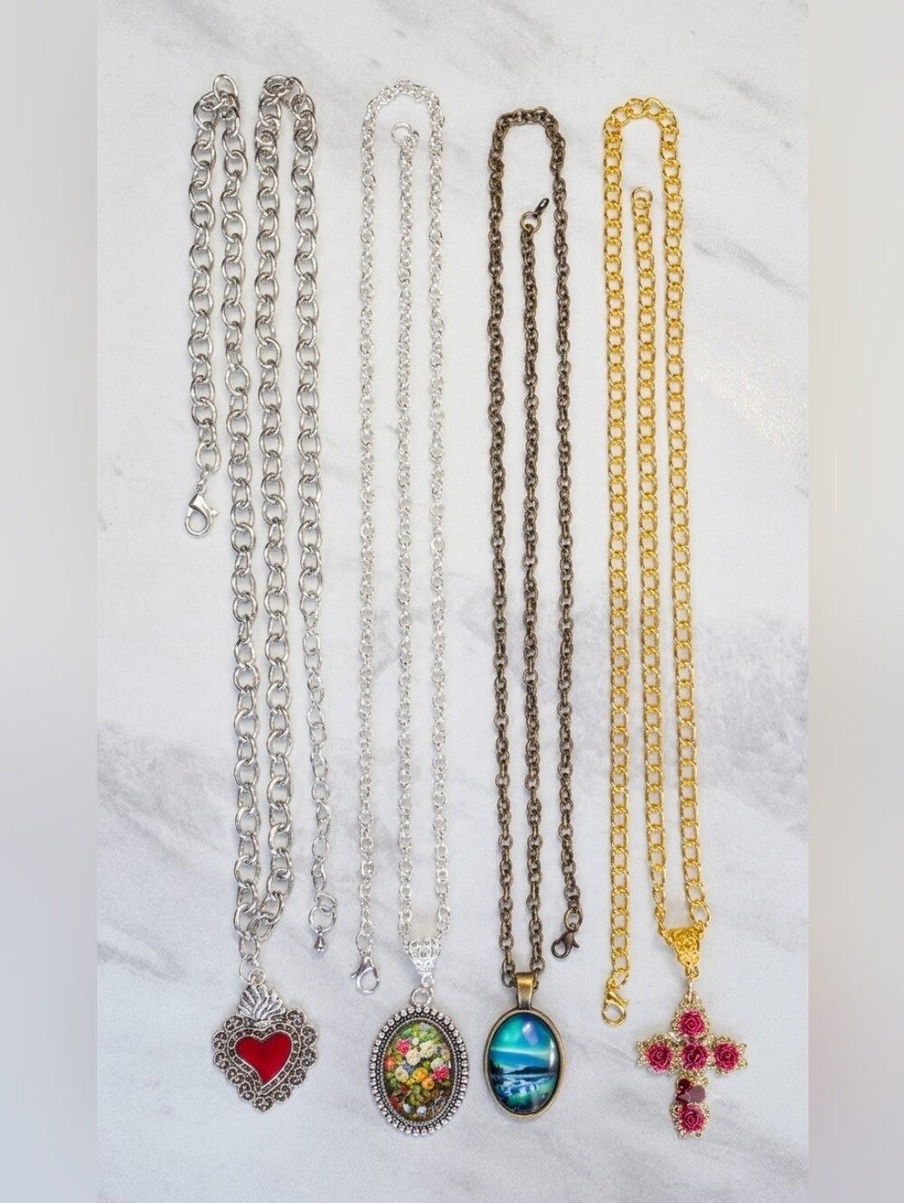 Set of 4 Long Pendant Necklaces Oval Crystal Flowers, Cross, Stones Vintage